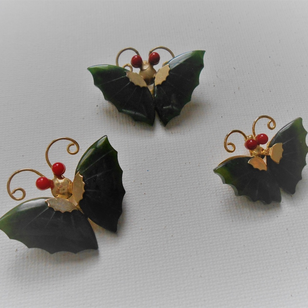 3 Vintage Jade Butterfly Brooch Pendant